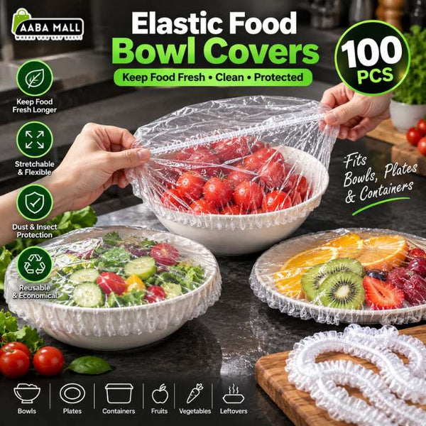 A set of clear stretchable elastic food bowl covers shown being used over bowls of salad, tomatoes, and fruit. The image includes promotional text, icons, and a ring of extra clear covers on a countertop in a kitchen setting, with hands visible covering one bowl.