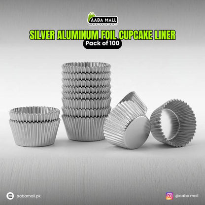 Silver aluminum foil cupcake liners with 'Aaba Mall' branding on a gray background
