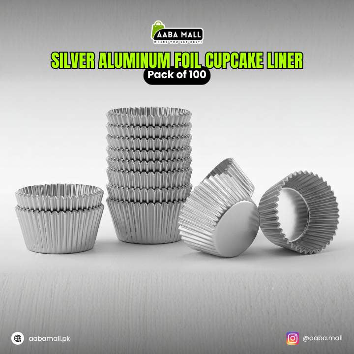 Silver aluminum foil cupcake liners with 'Aaba Mall' branding on a gray background