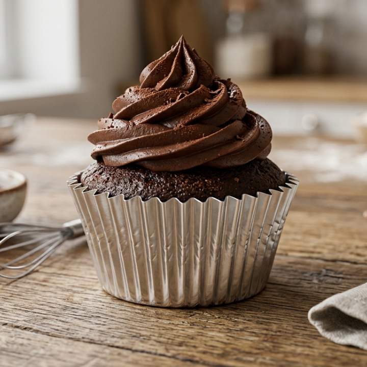 Chocolate cupcake with a silver wrapper on a wooden table
