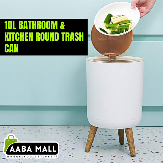 10L Round Plastic Trash Can with Lid | Compact Dust Bin with Pressure Lock Lid