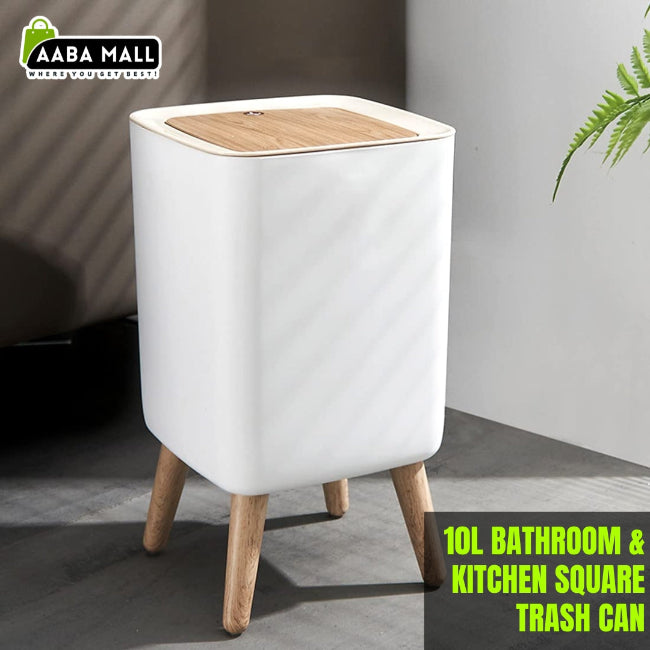 10L square plastic trash can with pressure lock lid, slim dustbin for small bathroom and kitchen space