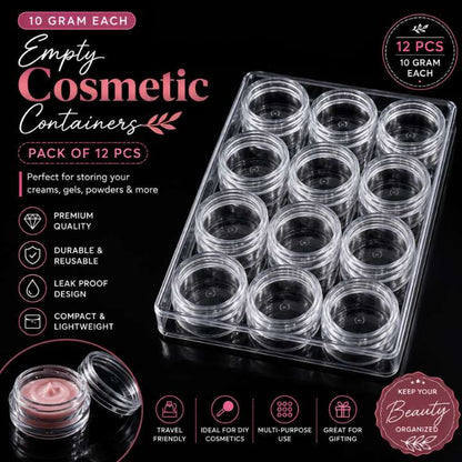 A pack of 12 small clear cosmetic containers arranged in a clear plastic tray on a black background, with marketing text and icons describing the product features and uses.