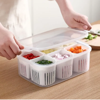 6 Pcs Detachable Drain Basket Fridge Food Storage Container With Lid Airtight Refrigerator Food Box - AABA MALL