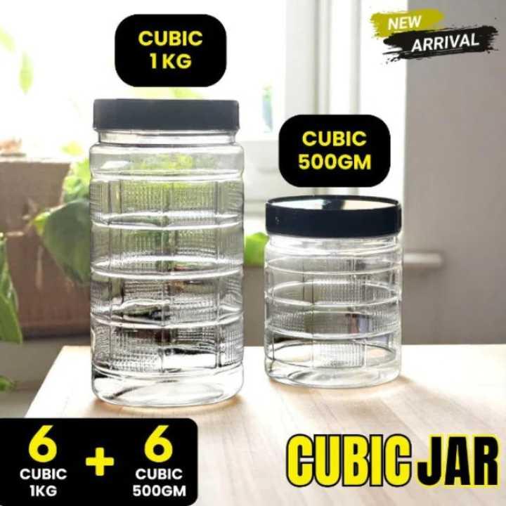 Two clear jars with black lids on a light surface, labeled 'Cubic 1kg' and 'Cubic 500g', with text indicating a new arrival.