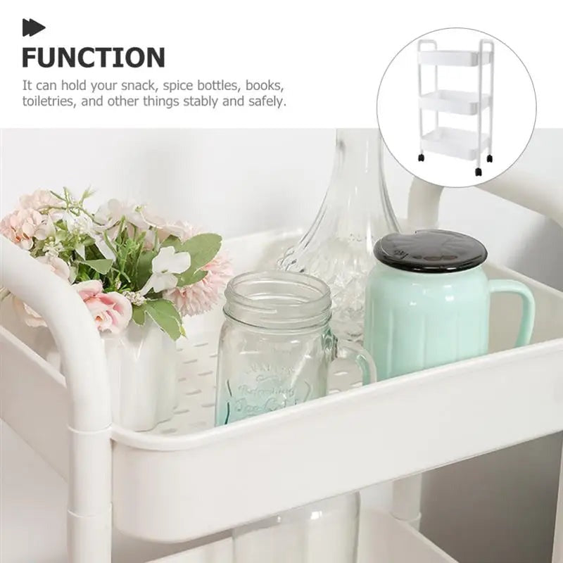 3-Tier Kitchen Organizer - Plastic Rolling Utility Cart with Handle (White) - AABA MALL