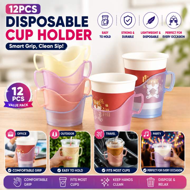 12 PCS Disposable Plastic Cup Holder | Anti‑Scalding Coffee Mug Sleeve | Heat‑Resistant Drink Holder for Home, Office & Party
