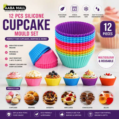 12 Pcs Silicone Cupcake Mould Set – Multicolour, Reusable, Non‑Stick Baking Cups for Muffins, Desserts & Mini Cakes