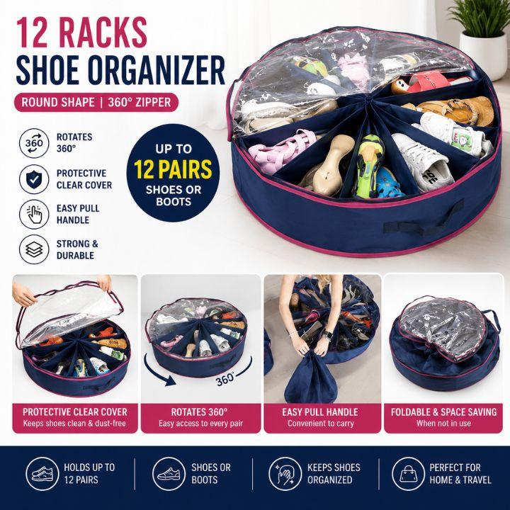 A navy blue 12-rack shoe organizer bag with a clear protective cover, shown open and filled with shoes and boots. The image includes feature callouts, icons, and small demonstration photos showing the bag rotating, being handled, and folded.