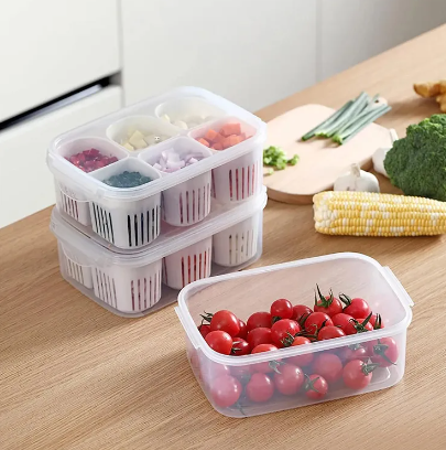 6 Pcs Detachable Drain Basket Fridge Food Storage Container With Lid Airtight Refrigerator Food Box - AABA MALL