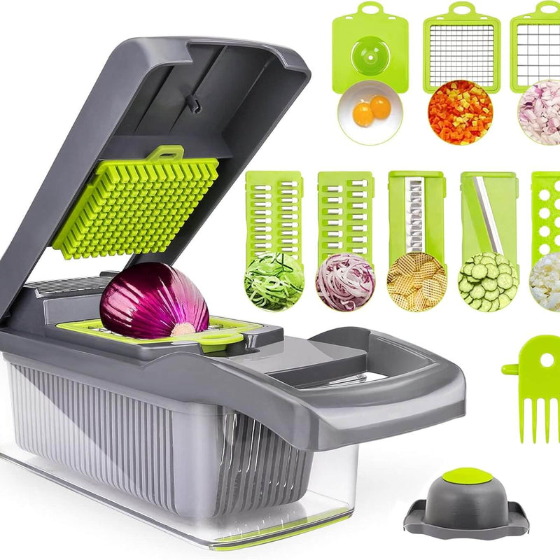 Vegetable chopper with multiple attachments and examples of chopped vegetables on a white background