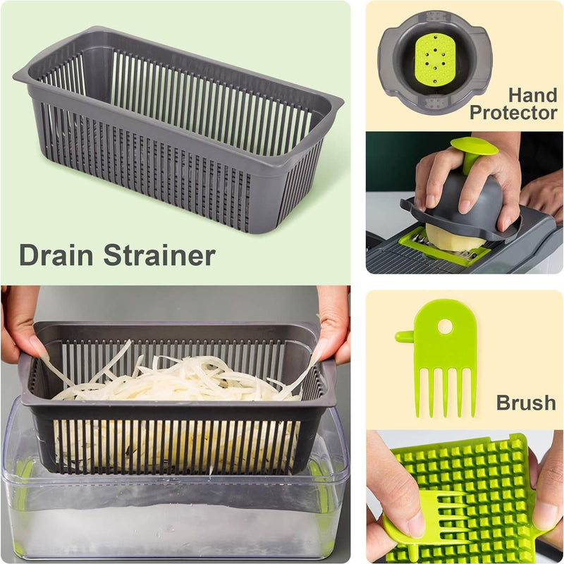 Collage of a drain strainer with hand protector, brush, and noodle being drained.
