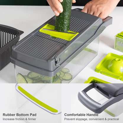 Vegetable chopper with a cucumber being sliced, showing features like a rubber bottom pad and comfortable handle.