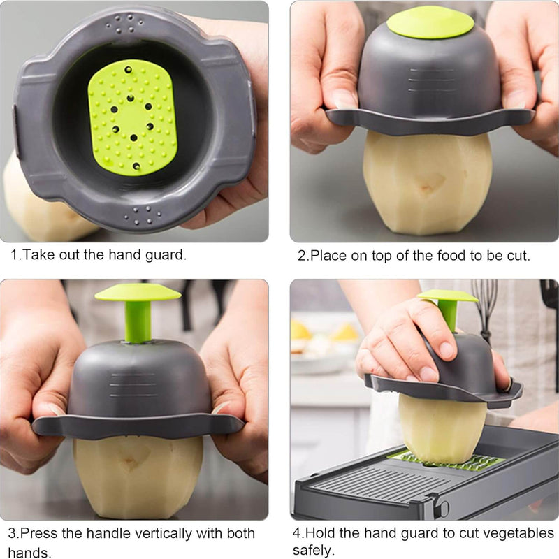 Step-by-step guide on using a vegetable chopper with a hand guard.