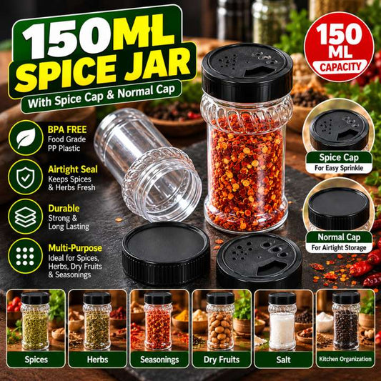 150ML Premium Plastic Spice Jar with Spice Cap & Normal Cap | Airtight BPA-Free PP Storage Container for Spices, Herbs, Seasonings & Kitchen Organization