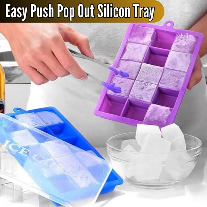 Purple and blue silicone ice cube trays with ice cubes being poured into a bowl.