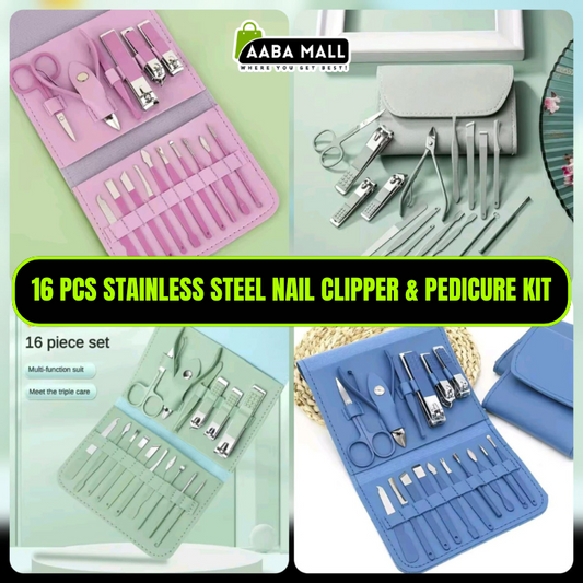Professional Manicure Set – 16 Pcs Stainless Steel Nail Clipper & Pedicure Kit | Grooming Tools with Luxurious Travel Leather Case for Men & Women