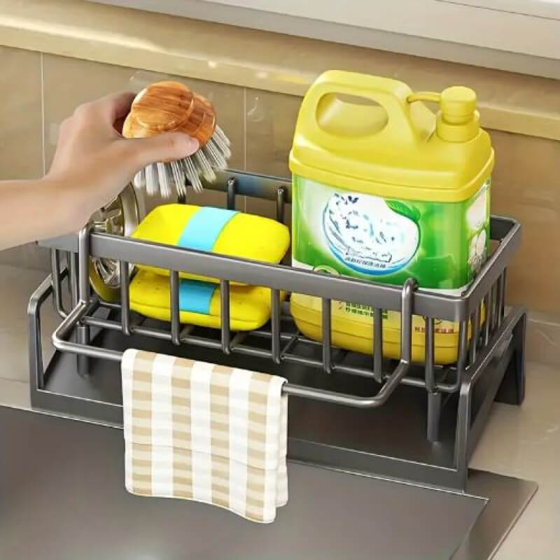 Dish rack with cleaning supplies on a kitchen counter