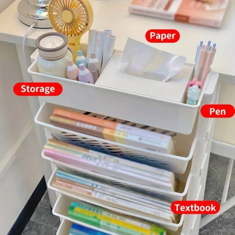 movable bookshelf, storage cart with wheels, desk organizer cart, classroom organizer, plastic book rack, table side storage basket, multi-layer storage trolley, home office organizer