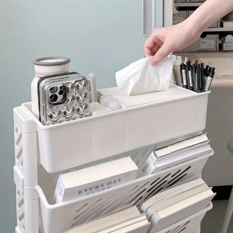 movable bookshelf, storage cart with wheels, desk organizer cart, classroom organizer, plastic book rack, table side storage basket, multi-layer storage trolley, home office organizer