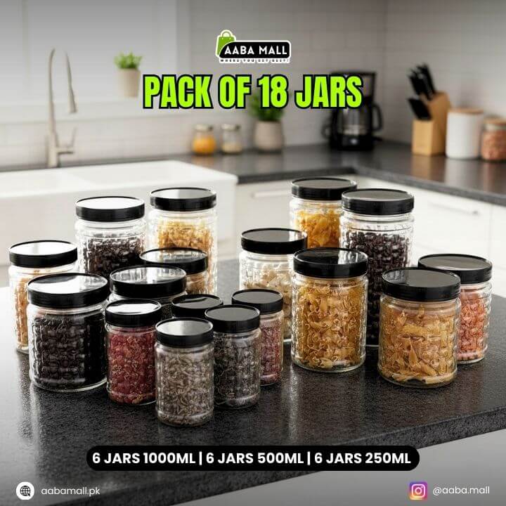 Pack of 18 jars on a kitchen counter with AABA MALL branding.