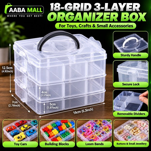 18 grid 3-layer clear plastic organizer box with adjustable compartments for jewellery, beads and small accessories