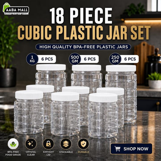 18 piece plastic jar set with 24 stickers, transparent cubic jars and white lids