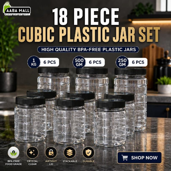 18 piece plastic jar set with 24 stickers, transparent cubic jars and black lids