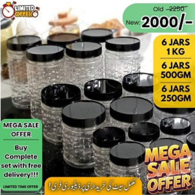 18-pack multi-size plastic kitchen storage jars, airtight organizer set includes 1kg, 500g, and 250g containers for spices, pulses, and groceries