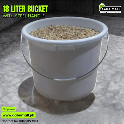 Plastic 18L white bucket with steel handle placed on a clean surface