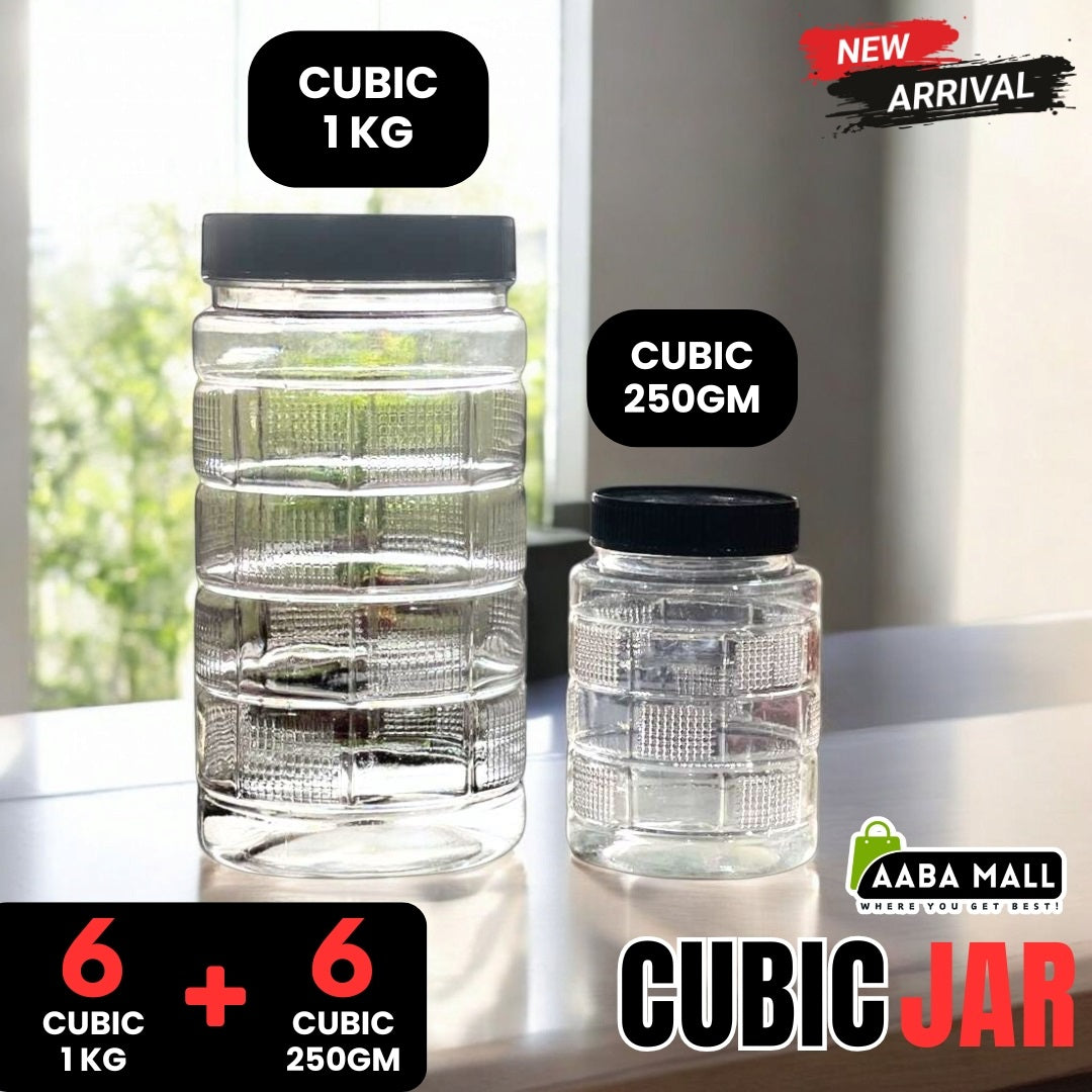Cubic Plastic Jar Set – Premium Airtight Food Storage Containers | 6 Jars (1KG), 6 Jars (500GM), 6 Jars (250GM)