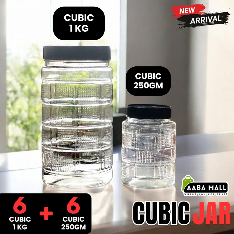 Two cubic jars with labels indicating weight and Aaba Mall branding.
