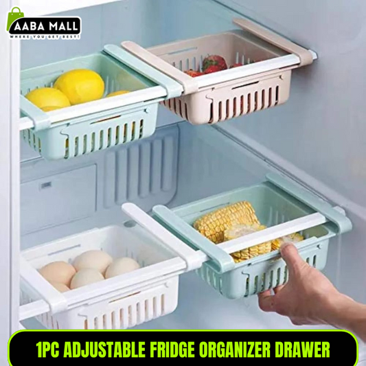Adjustable fridge organizer drawer with various food items inside an open refrigerator.