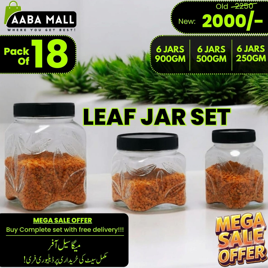 18 Pcs - Leaf Jars Complete Set (6 Jars 900GM – 6 Jars 500GM – 6 Jars 250GM)
