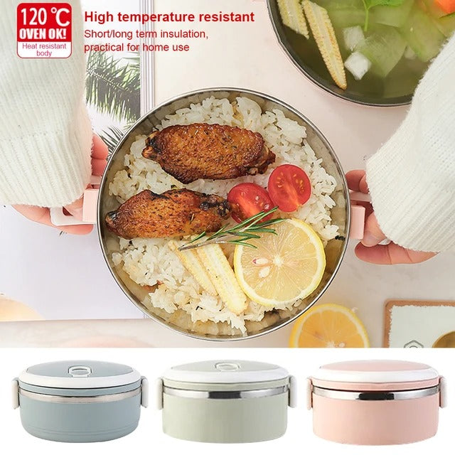A stainless steel thermal lunch box with a multi-layer design shown with food inside, indicating its use and functionality. The lunch box is presented in different colors, and the image highlights its resistance to high temperatures.