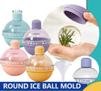 Round ice ball mold with various colors and a hand holding one filled with water and plants.
