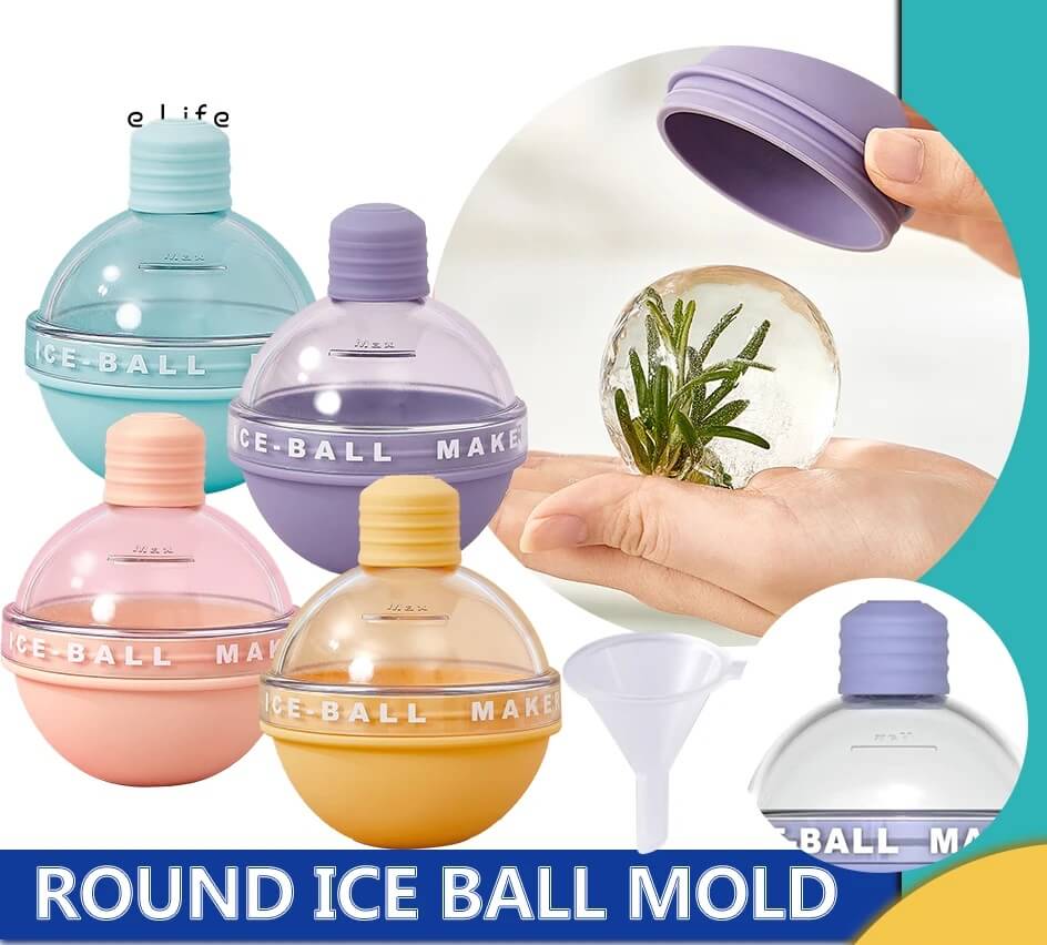 Round ice ball mold with various colors and a hand holding one filled with water and plants.