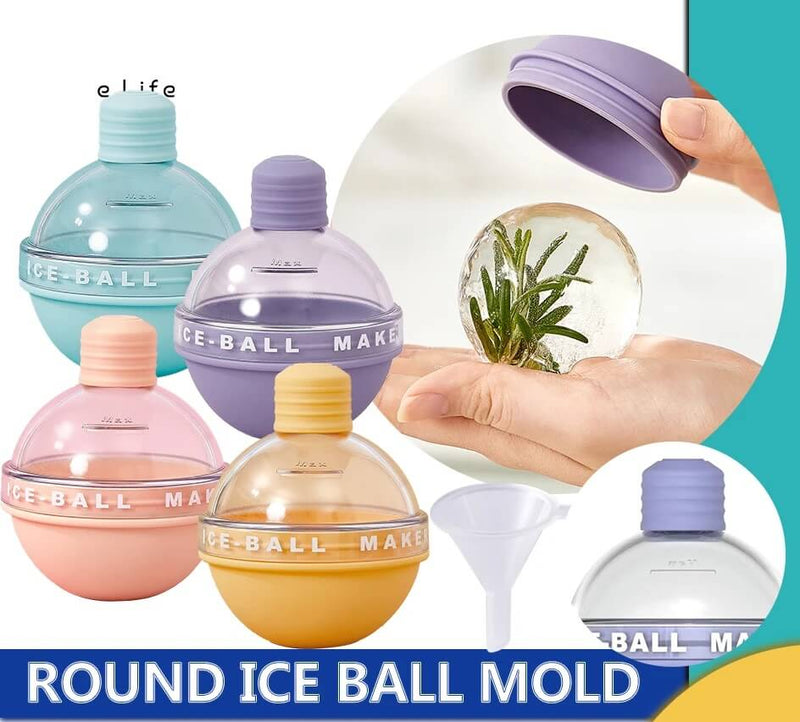 Round ice ball mold with various colors and a hand holding one filled with water and plants.