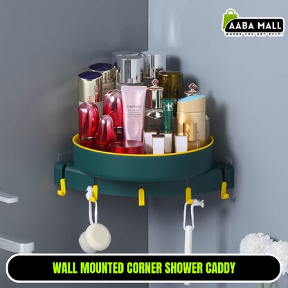 Corner Shower Caddy, 360 Degree Rotating Wall Mounted Bathroom Organizer Storage Hanging with 5 Traceless Adhesive Hooks - AABA MALL