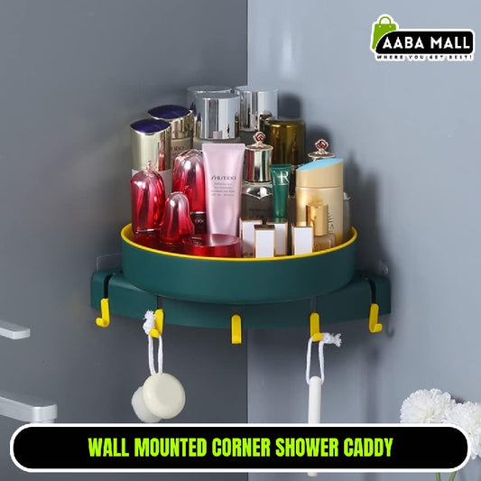 Corner Shower Caddy, 360 Degree Rotating Wall Mounted Bathroom Organizer Storage Hanging with 5 Traceless Adhesive Hooks - AABA MALL