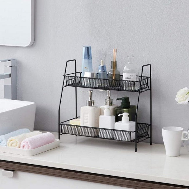2 Layer Multi Purpose Metal Organizer Shelf - 2 Layer Metal Stand Small Storage Rack for Kitchen, Bath Room, Bedroom and Office - AABA MALL