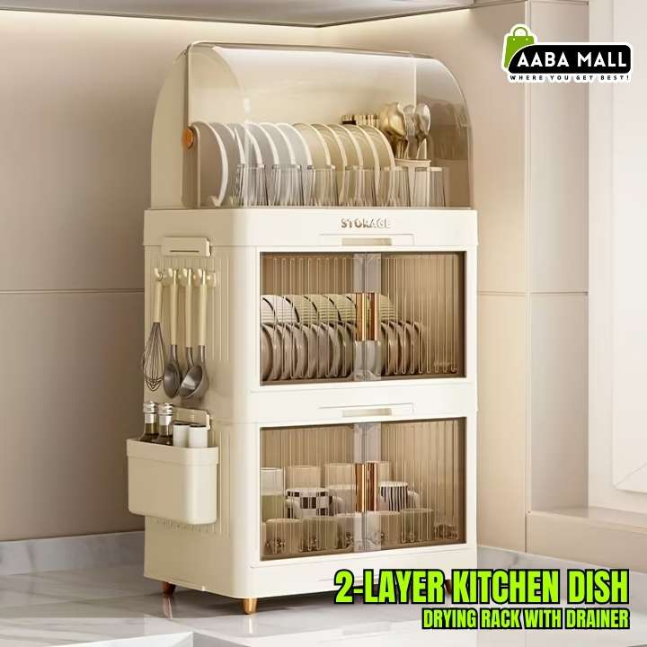 2-layer plastic dish drying rack with drainer