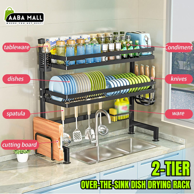2-tier over-the-sink dish drying rack, large capacity metal organizer for plates, bowls, knives, and utensil drainage