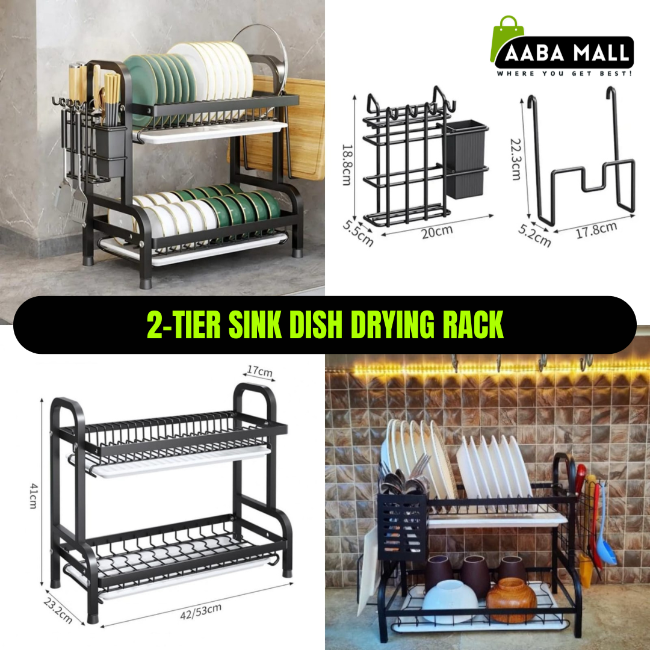 2-Tier over-the-sink dish drying rack, double dish drainer with plate holders, utensil basket, and cutting board holder