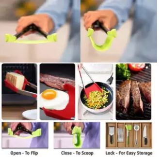 2 in 1 Clever Tongs Non Stick Heat Resistant Kitchen Spatula with Stainless Steel Frame and Heat Resistant Silicone Tong. - AABA MALL