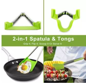 2 in 1 Clever Tongs Non Stick Heat Resistant Kitchen Spatula with Stainless Steel Frame and Heat Resistant Silicone Tong. - AABA MALL