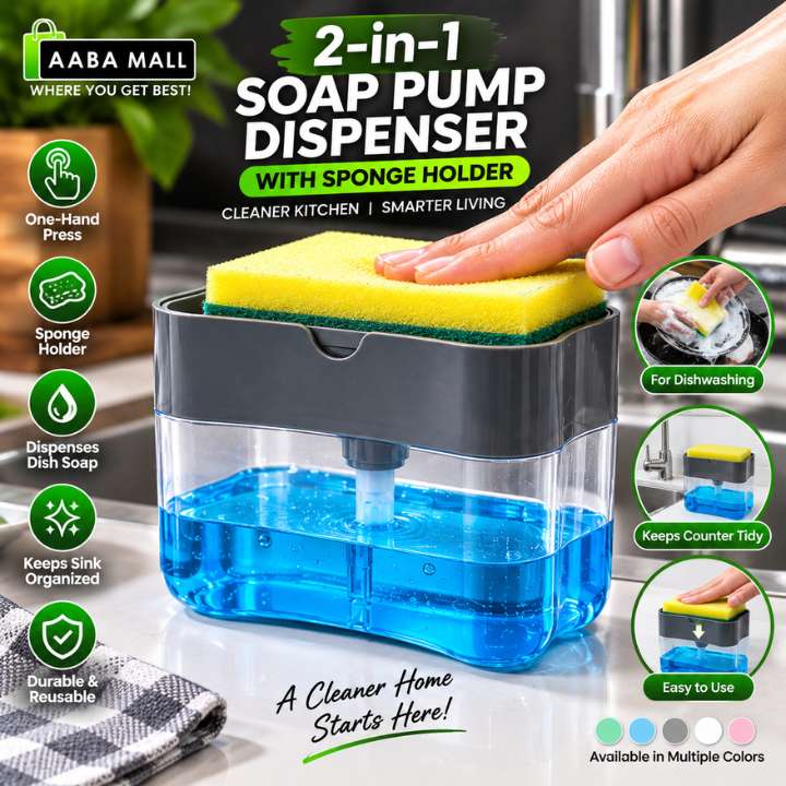 2-in-1 Soap Pump Dispenser with Sponge Holder | One-Hand Press Soap Dispenser for Kitchen Sink | Dishwashing Liquid Pump & Sponge Caddy Organizer | Bathroom & Kitchen Cleaning Accessory
