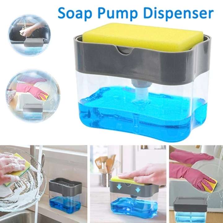 2-in-1 Soap Pump Dispenser with Sponge Holder | One-Hand Press Soap Dispenser for Kitchen Sink | Dishwashing Liquid Pump & Sponge Caddy Organizer | Bathroom & Kitchen Cleaning Accessory