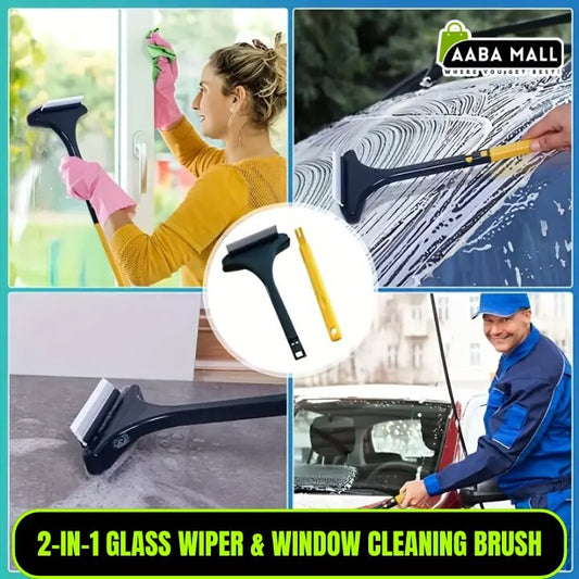 Collage of a 2-in-1 glass wiper and window cleaning brush in use, with AABA MALL branding.