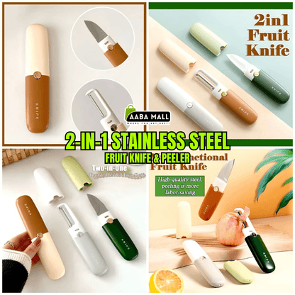 Collage of 2-in-1 stainless steel fruit knife and peeler with AABA MALL branding.